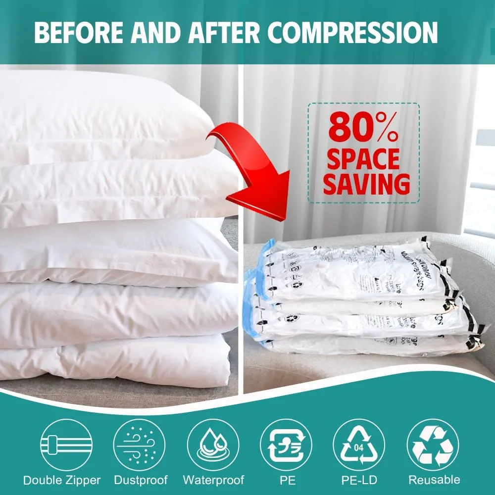 12 Pack Vacuum Storage Bags, Vacuum Seal Bags for Clothing, Comforters, Blankets, Space Saver Vacuum Storage Bags with Hand Pump. (3Jumbo, 3Large, 3Medium, 3Small)