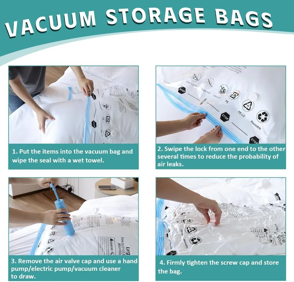 12 Pack Vacuum Storage Bags, Vacuum Seal Bags for Clothing, Comforters, Blankets, Space Saver Vacuum Storage Bags with Hand Pump. (3Jumbo, 3Large, 3Medium, 3Small)