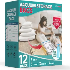 12 Pack Vacuum Storage Bags, Vacuum Seal Bags for Clothing, Comforters, Blankets, Space Saver Vacuum Storage Bags with Hand Pump. (3Jumbo, 3Large, 3Medium, 3Small)