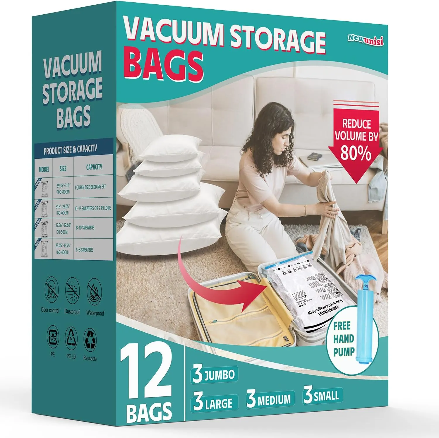 12 Pack Vacuum Storage Bags, Vacuum Seal Bags for Clothing, Comforters, Blankets, Space Saver Vacuum Storage Bags with Hand Pump. (3Jumbo, 3Large, 3Medium, 3Small)