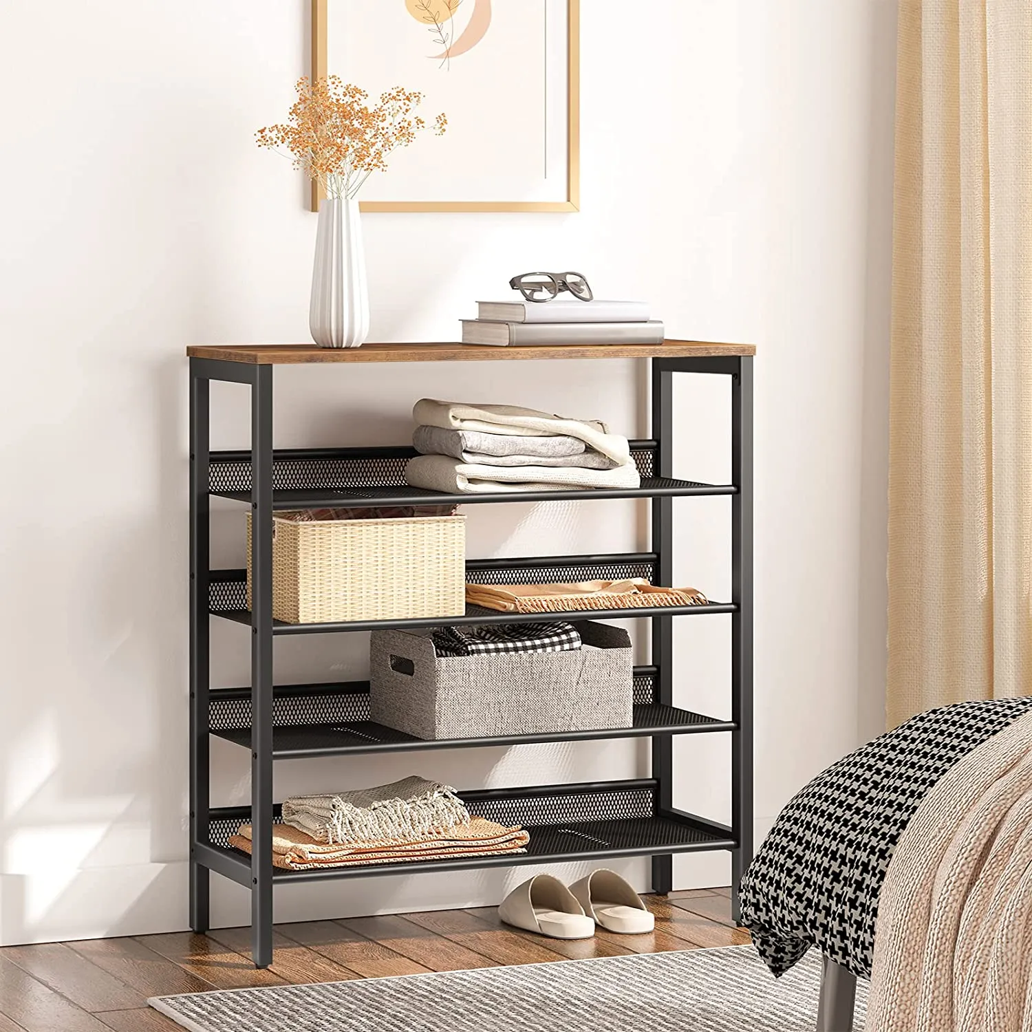 5-Tier Industrial Shoe Rack with Storage Bench, Durable