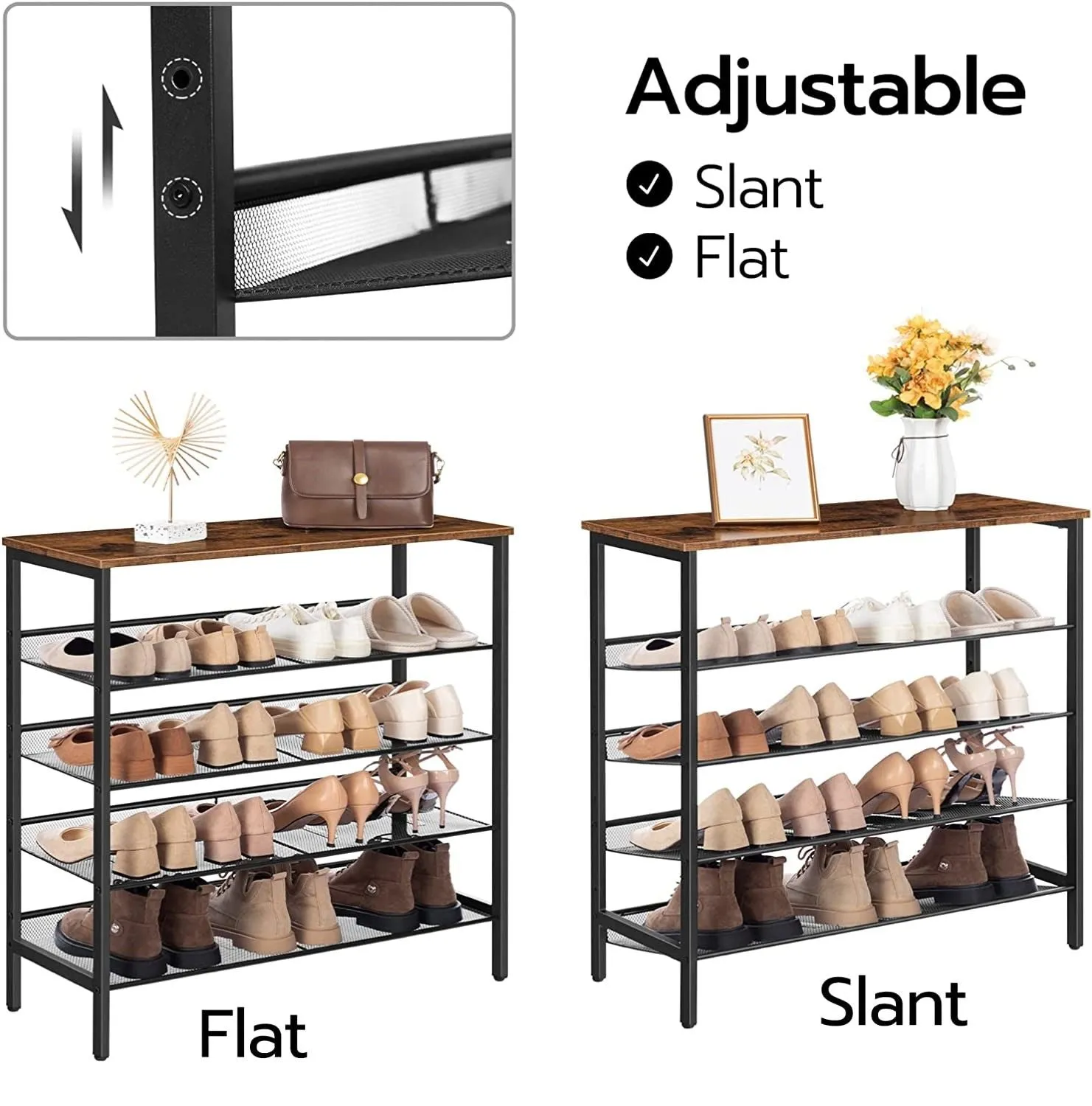 5-Tier Industrial Shoe Rack with Storage Bench, Durable