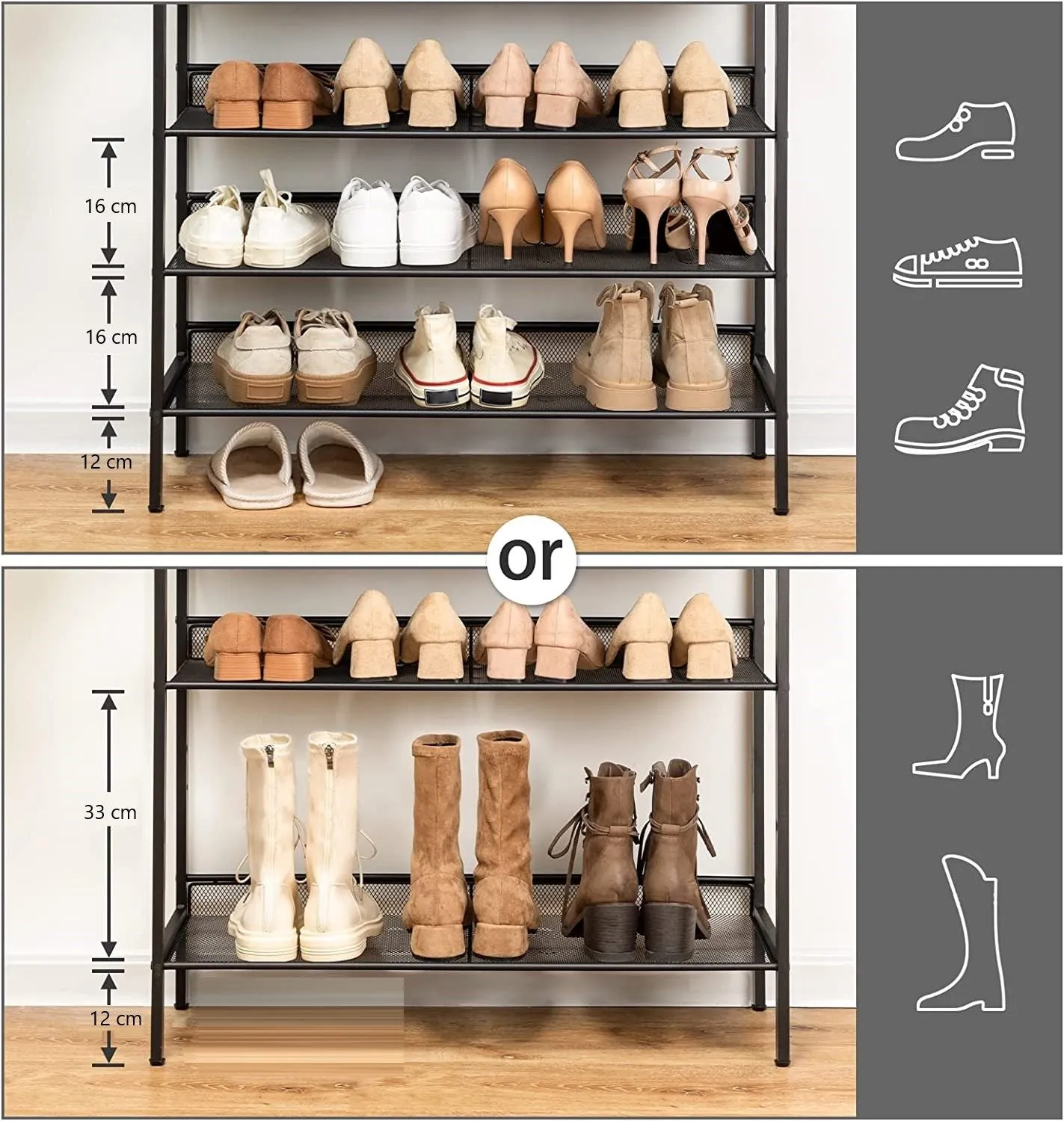 5-Tier Industrial Shoe Rack with Storage Bench, Durable