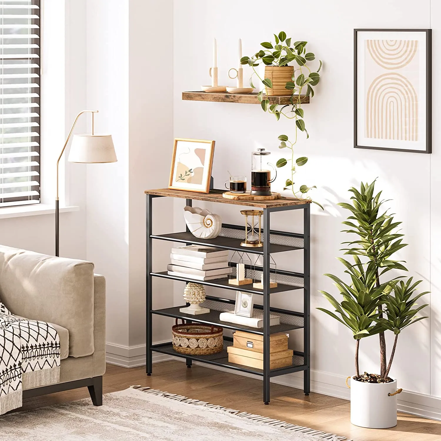 5-Tier Industrial Shoe Rack with Storage Bench, Durable