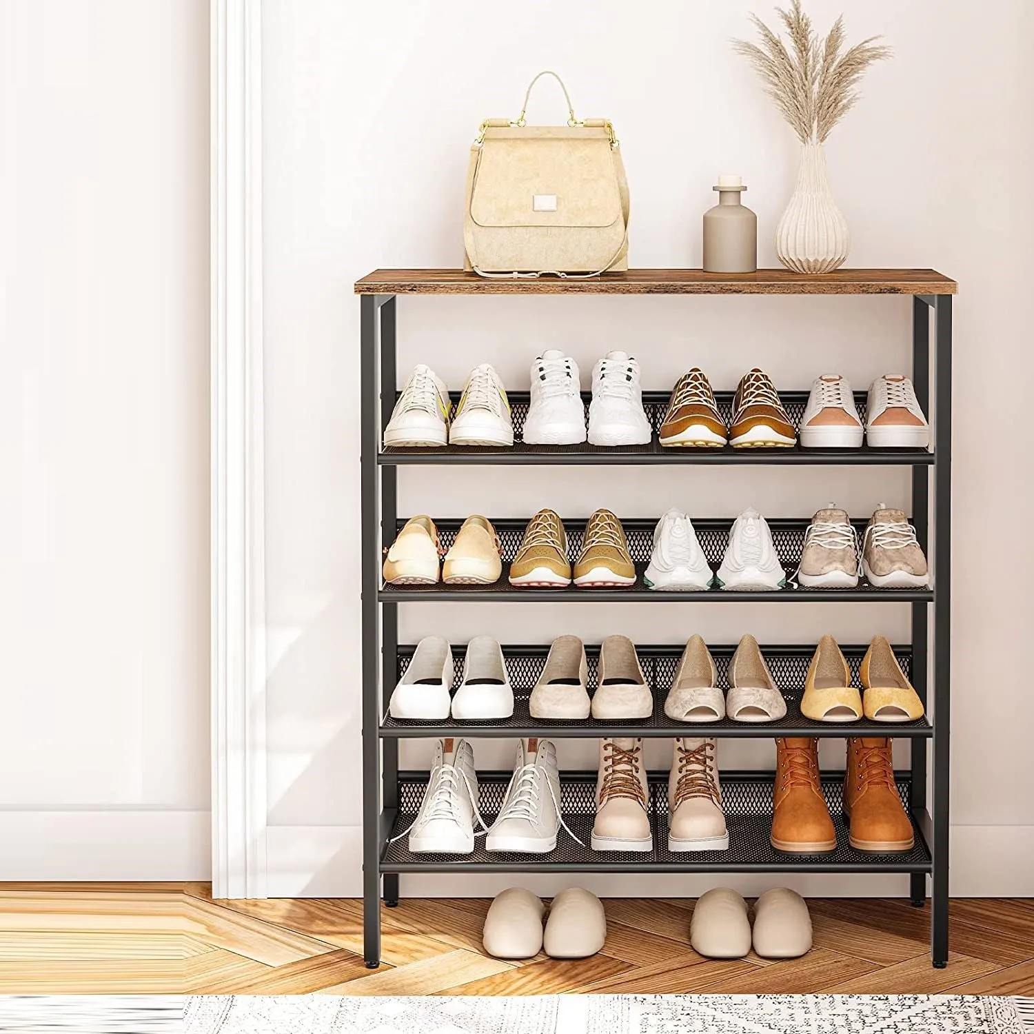 5-Tier Industrial Shoe Rack with Storage Bench, Durable