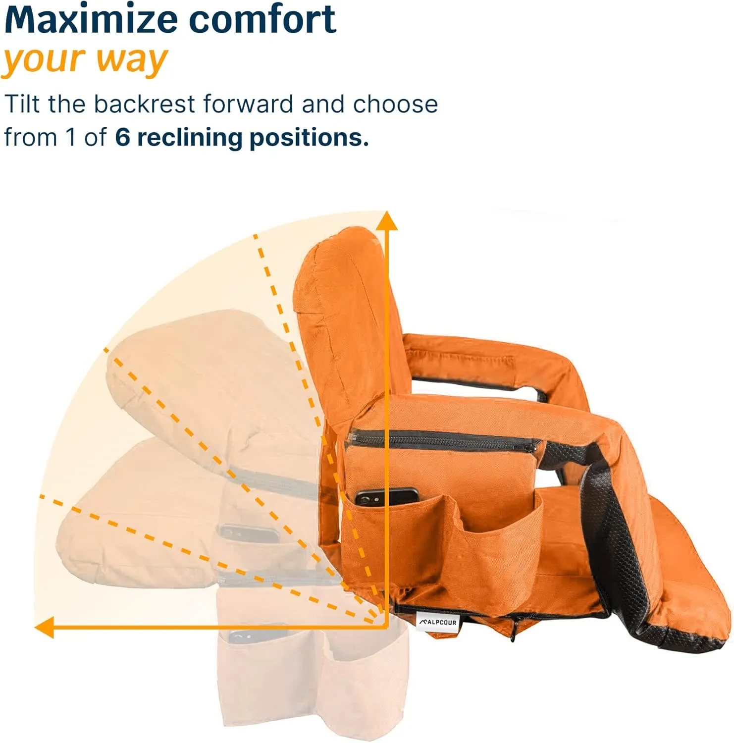 Alpcour Reclining Stadium Seat  Wide Bleacher Chair with Back Support and Cushion, Armrests, Side Pockets, and Bleachers Hook  Best Stadium Seats Chairs for Camping, Kayak, & Paddle Board Backs