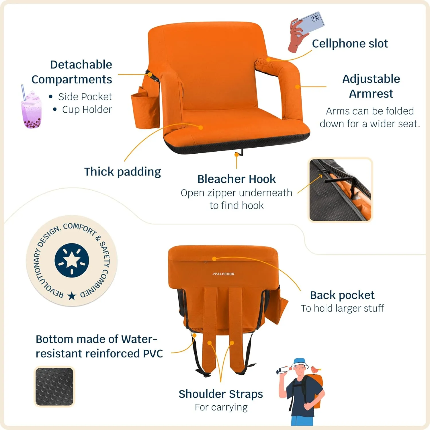 Alpcour Reclining Stadium Seat  Wide Bleacher Chair with Back Support and Cushion, Armrests, Side Pockets, and Bleachers Hook  Best Stadium Seats Chairs for Camping, Kayak, & Paddle Board Backs