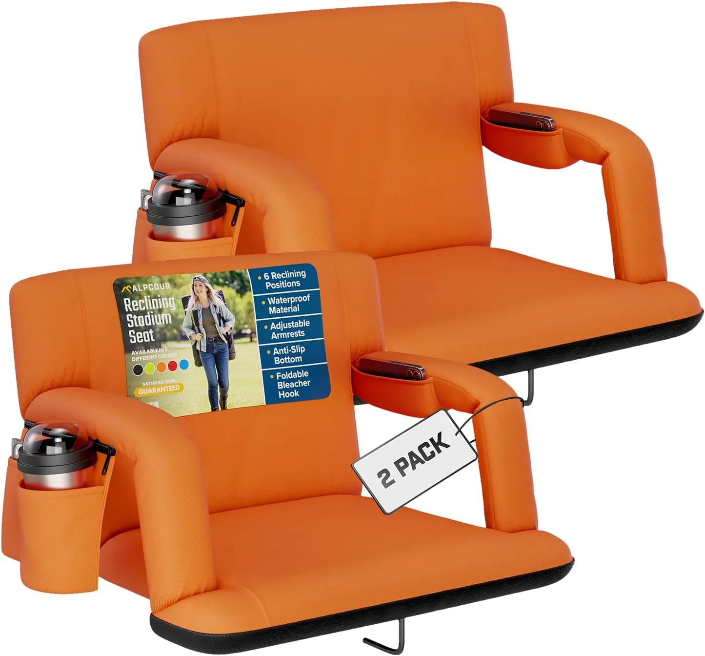 Alpcour Reclining Stadium Seat  Wide Bleacher Chair with Back Support and Cushion, Armrests, Side Pockets, and Bleachers Hook  Best Stadium Seats Chairs for Camping, Kayak, & Paddle Board Backs