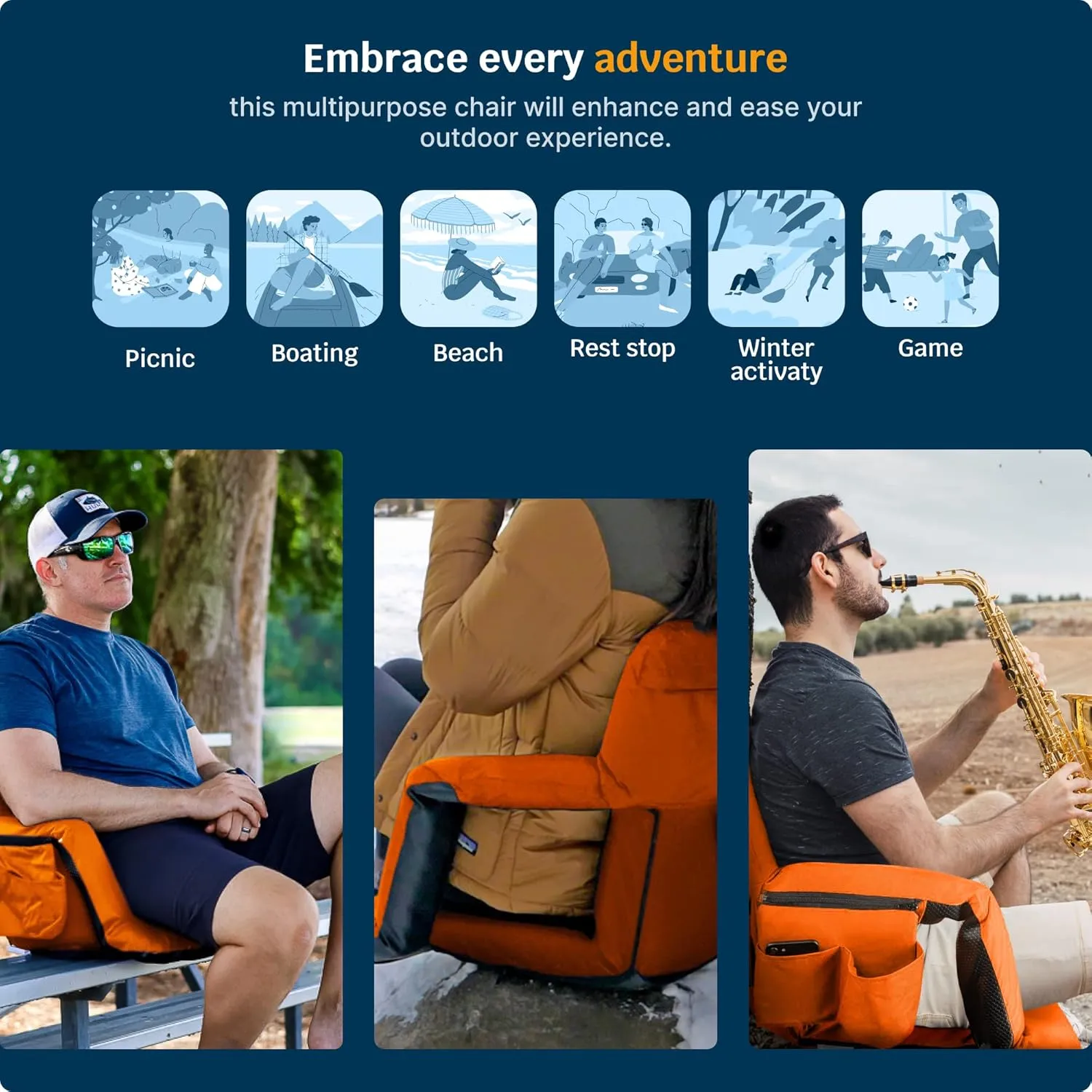 Alpcour Reclining Stadium Seat  Wide Bleacher Chair with Back Support and Cushion, Armrests, Side Pockets, and Bleachers Hook  Best Stadium Seats Chairs for Camping, Kayak, & Paddle Board Backs