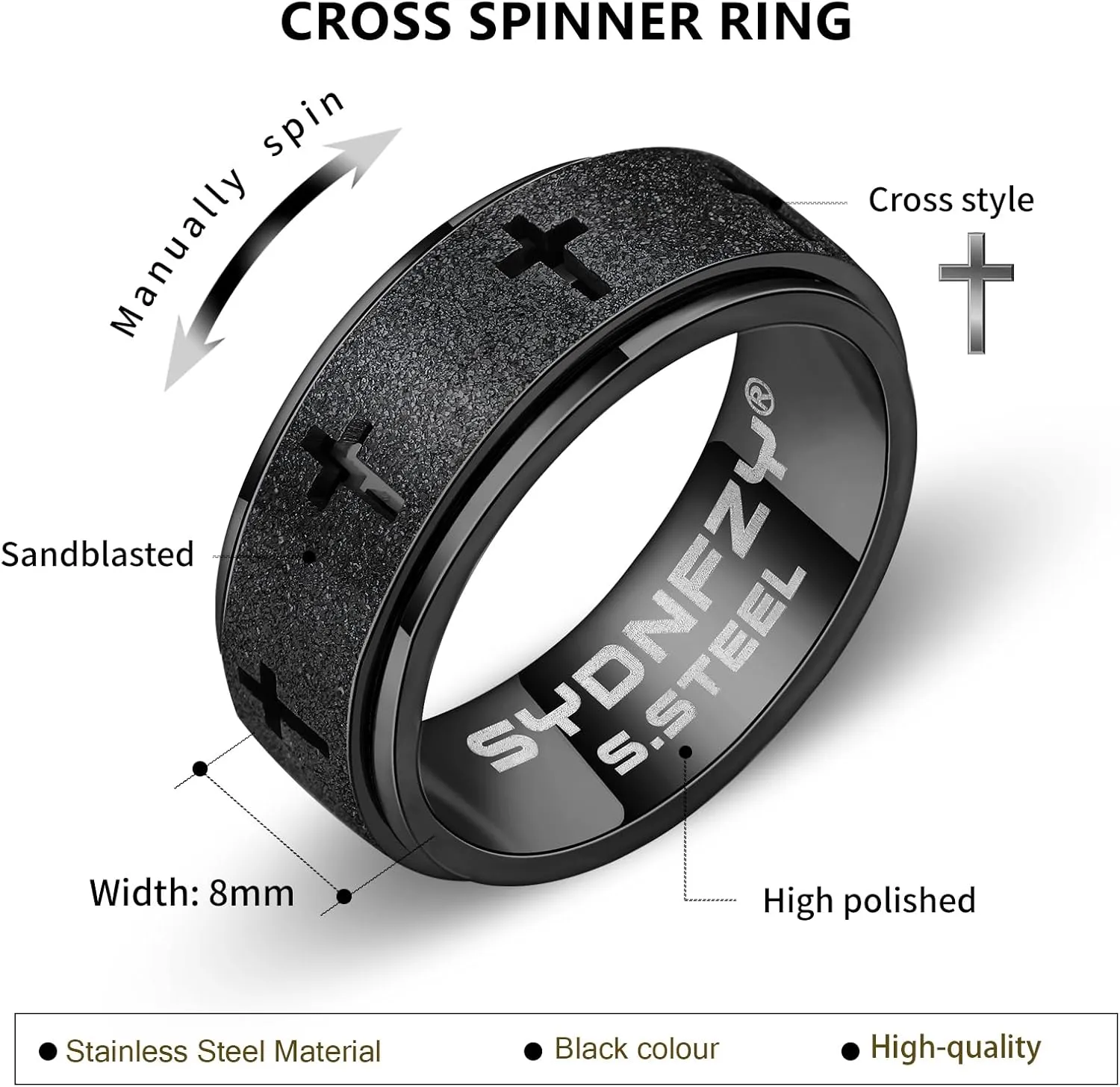 Anxiety Spinner Ring for Men - Stainless Steel Fidget Spinner Ring, Band Cross Thumb Roating Rings for Stress Relief 8mm Anxiety Relieve Fidget Toys for Adults Ring Size 6 7 8 9 10 11