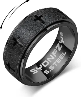 Anxiety Spinner Ring for Men - Stainless Steel Fidget Spinner Ring, Band Cross Thumb Roating Rings for Stress Relief 8mm Anxiety Relieve Fidget Toys for Adults Ring Size 6 7 8 9 10 11