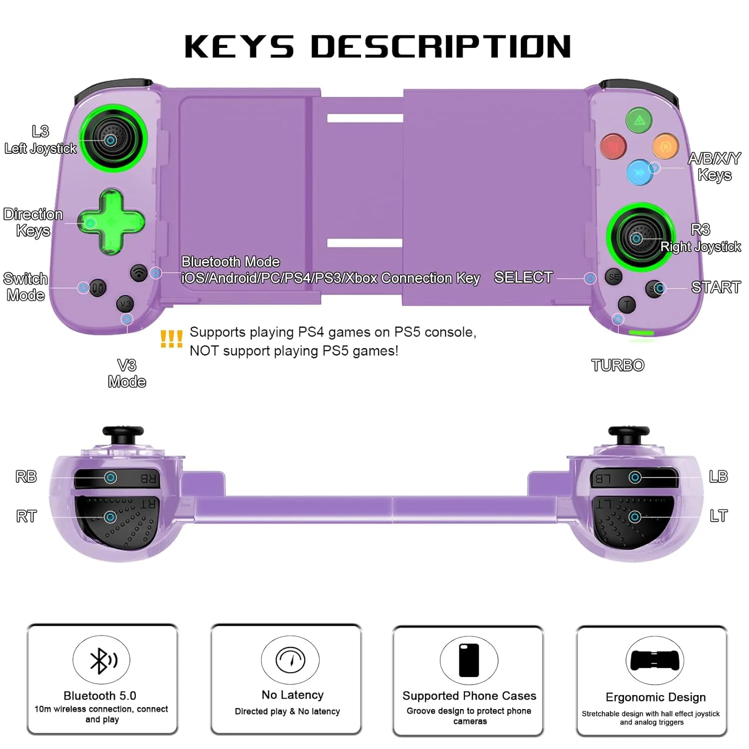 arVin Wireless Gamepad for iPhone, Android with Phone CASE Support/Green Light/Hall Effect Joystick/Turbo, Cell Phone Controller for iPhone 15/14/13/Samsung Galaxy 23/22/21/Call of Duty/Genshin/Diablo