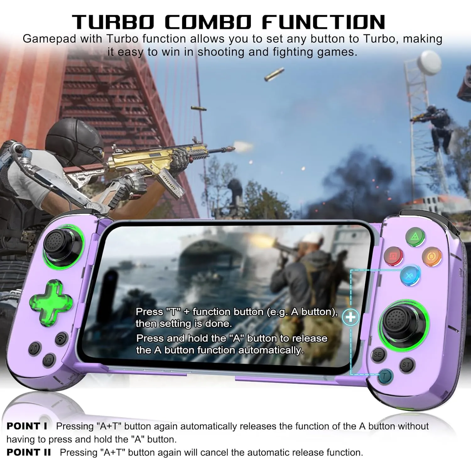 arVin Wireless Gamepad for iPhone, Android with Phone CASE Support/Green Light/Hall Effect Joystick/Turbo, Cell Phone Controller for iPhone 15/14/13/Samsung Galaxy 23/22/21/Call of Duty/Genshin/Diablo