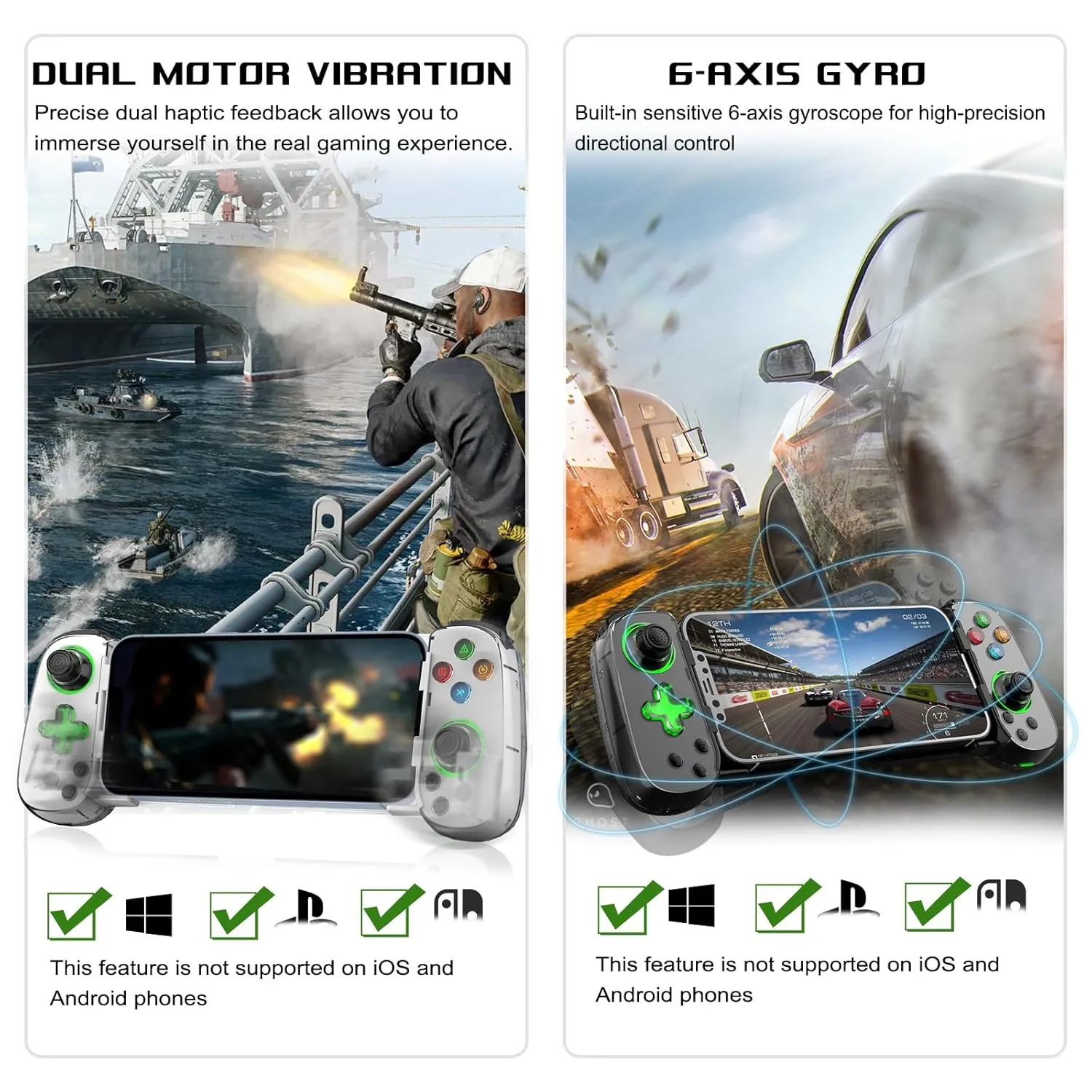 arVin Wireless Gamepad for iPhone, Android with Phone CASE Support/Green Light/Hall Effect Joystick/Turbo, Cell Phone Controller for iPhone 15/14/13/Samsung Galaxy 23/22/21/Call of Duty/Genshin/Diablo
