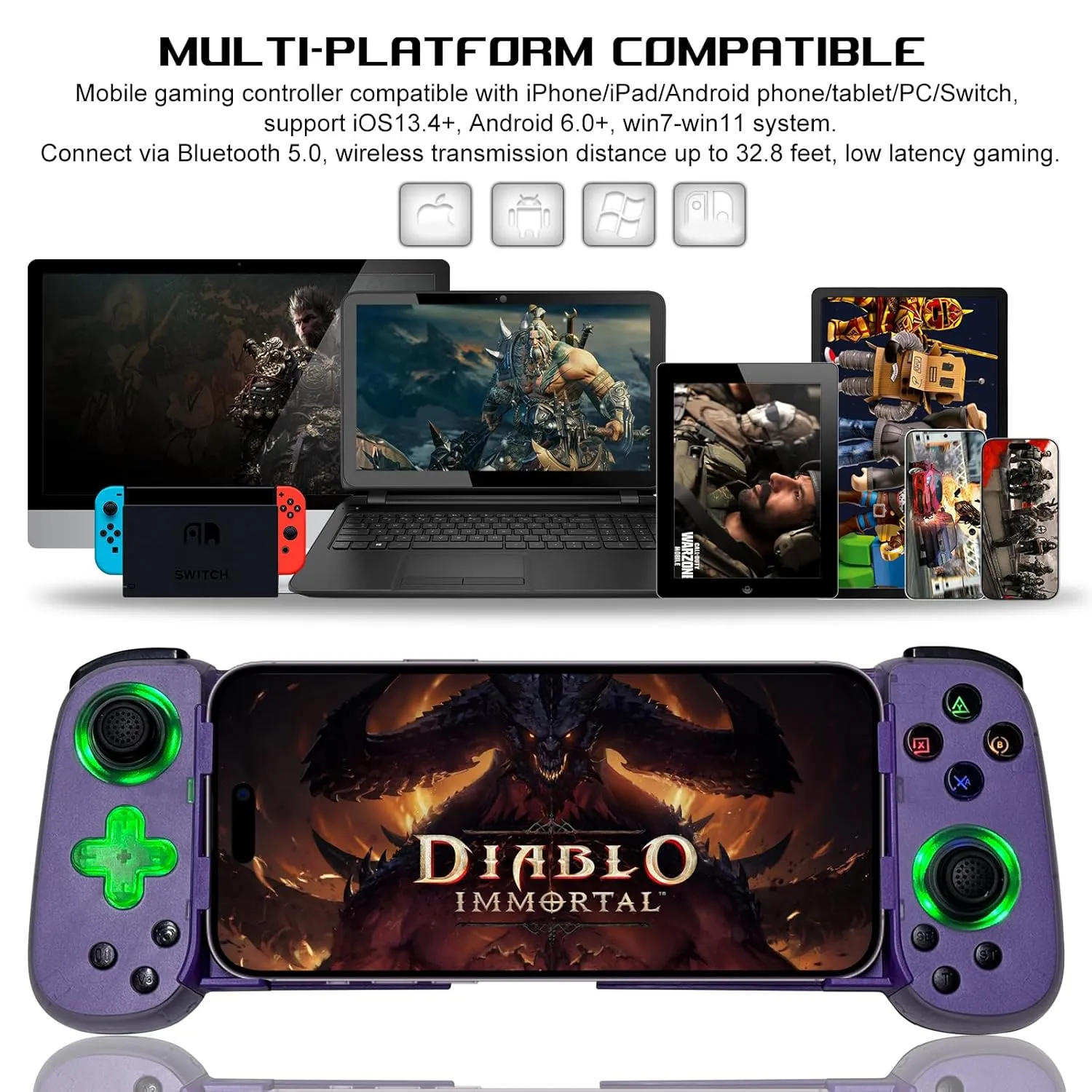 arVin Wireless Gamepad for iPhone, Android with Phone CASE Support/Green Light/Hall Effect Joystick/Turbo, Cell Phone Controller for iPhone 15/14/13/Samsung Galaxy 23/22/21/Call of Duty/Genshin/Diablo