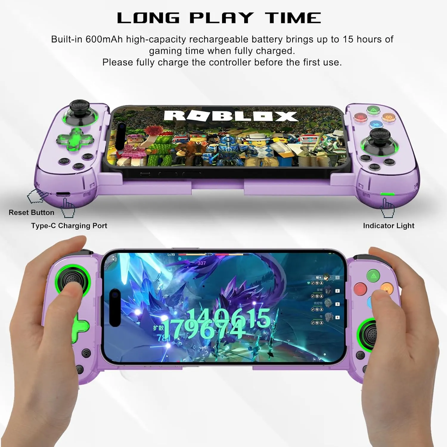 arVin Wireless Gamepad for iPhone, Android with Phone CASE Support/Green Light/Hall Effect Joystick/Turbo, Cell Phone Controller for iPhone 15/14/13/Samsung Galaxy 23/22/21/Call of Duty/Genshin/Diablo