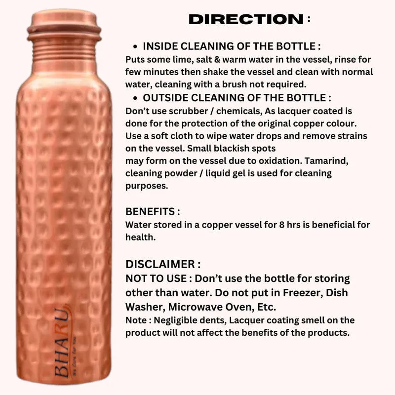 Bharu Hammered Copper Bottle 950 ml & 2 pcs Hammered Copper Glass