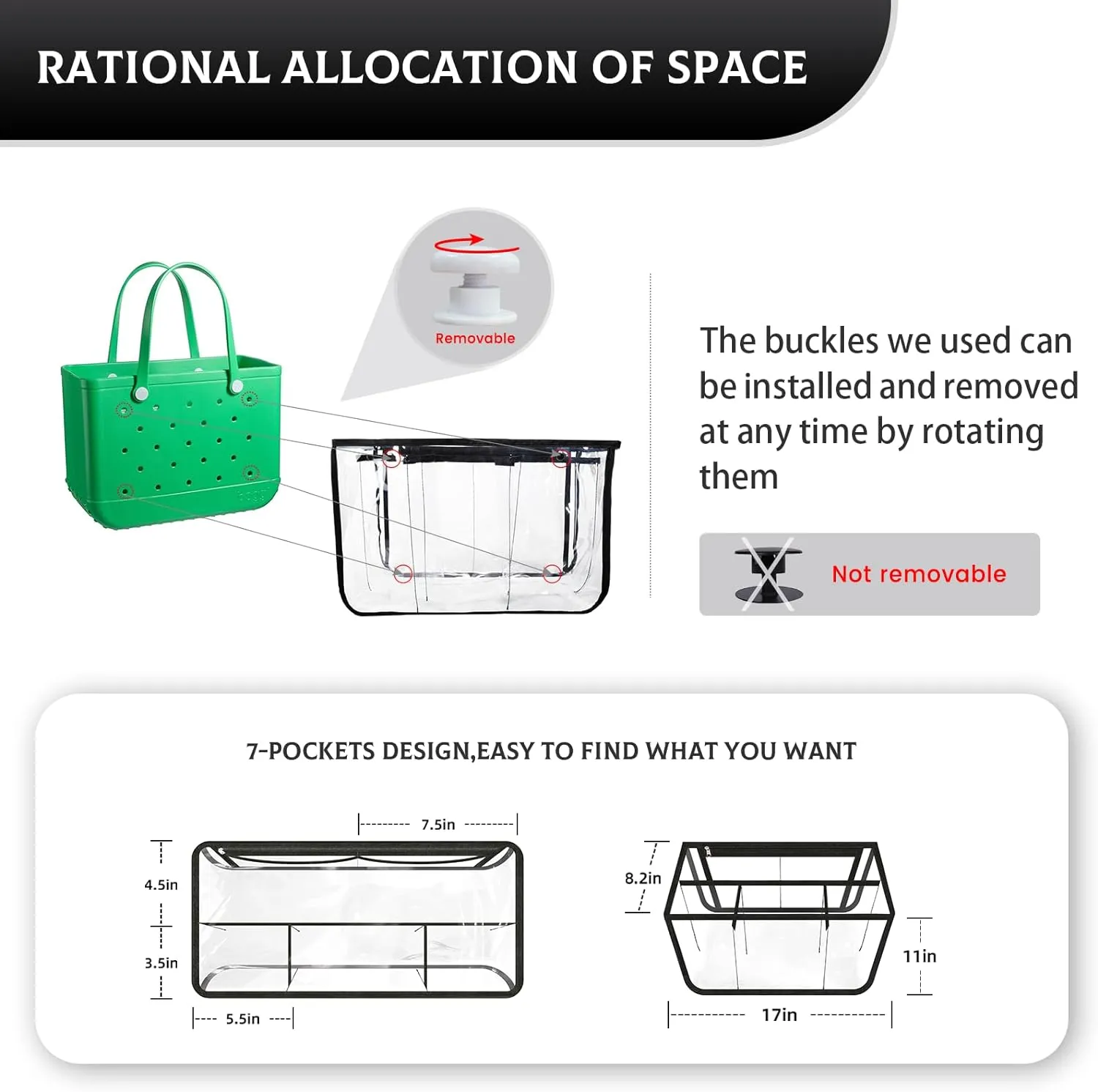 Clear Beach Bag Organizer for Bogg Bag Accessories Compatible with Bogg Bag XL PVC Organizing Your Bags and Divide Space Black