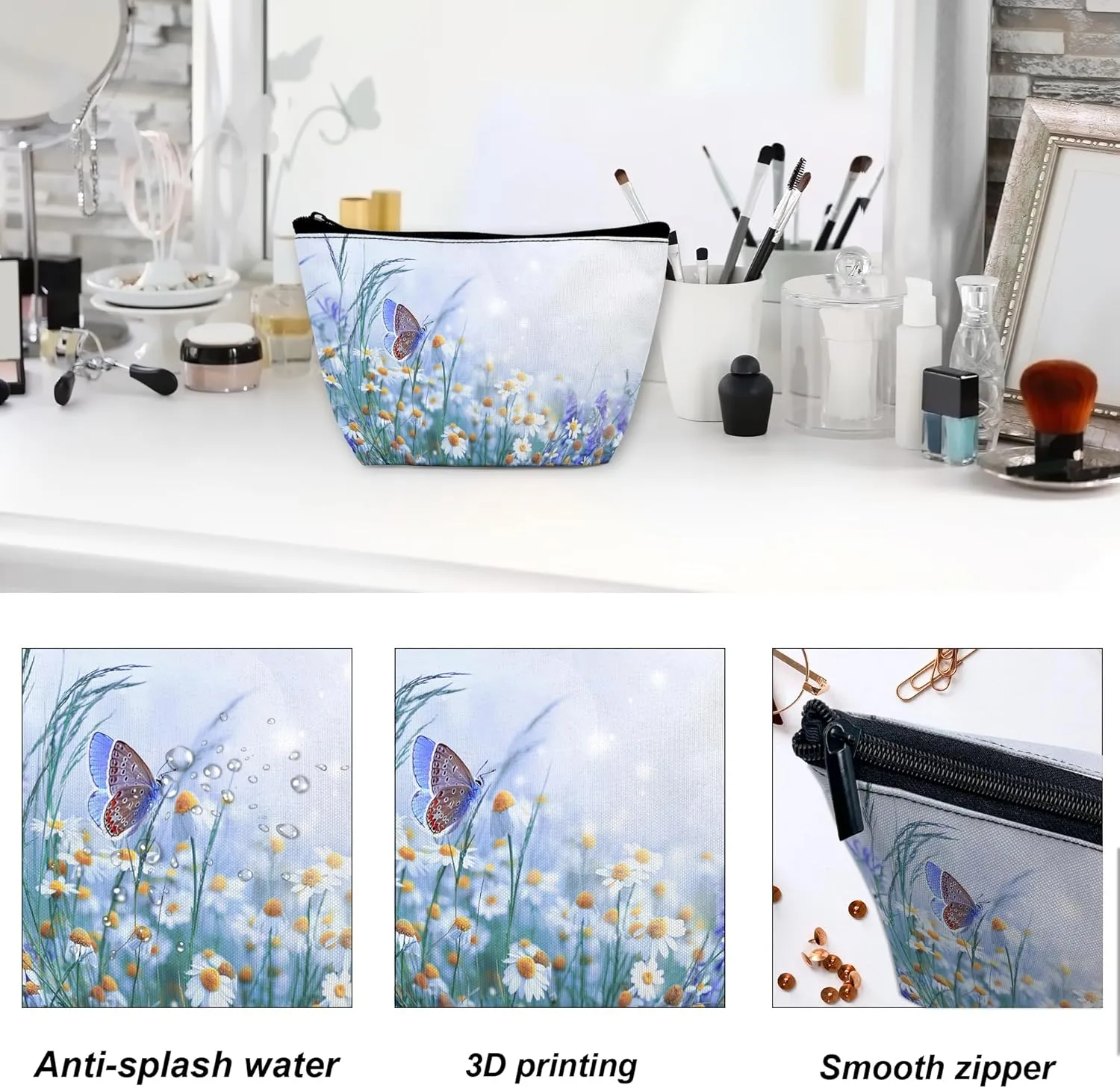 Cute Makeup Bag for Purse, Butterfly and Daisies Cosmetic Bag for Women, Travel Toiletry Funny Zipper Pouch Gift 9.5??5.9 Inch