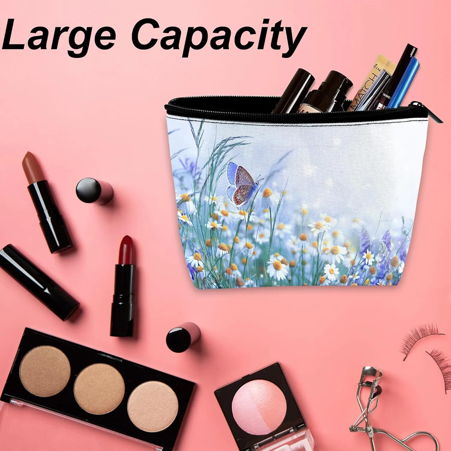 Cute Makeup Bag for Purse, Butterfly and Daisies Cosmetic Bag for Women, Travel Toiletry Funny Zipper Pouch Gift 9.5??5.9 Inch