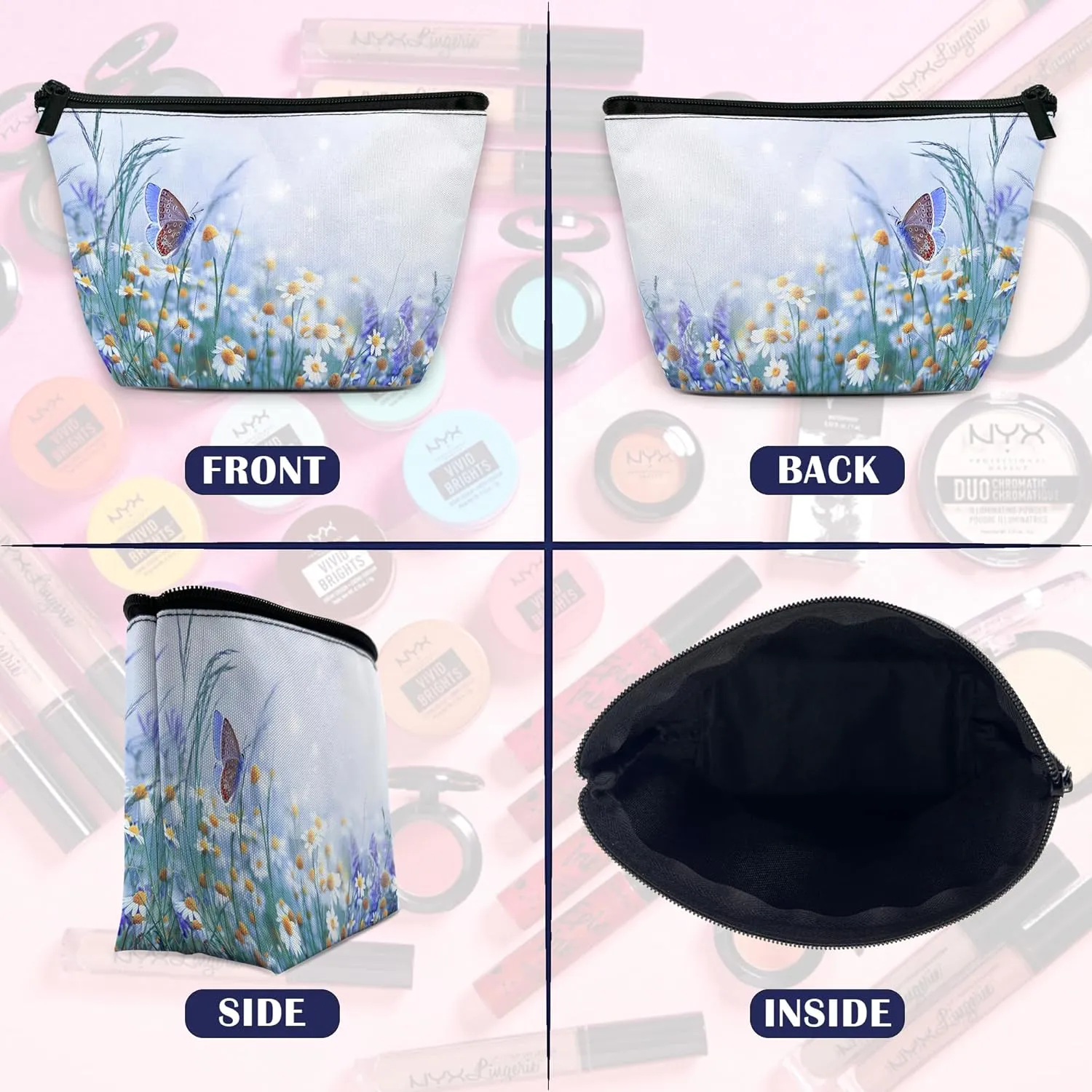 Cute Makeup Bag for Purse, Butterfly and Daisies Cosmetic Bag for Women, Travel Toiletry Funny Zipper Pouch Gift 9.5??5.9 Inch