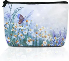 Cute Makeup Bag for Purse, Butterfly and Daisies Cosmetic Bag for Women, Travel Toiletry Funny Zipper Pouch Gift 9.5??5.9 Inch