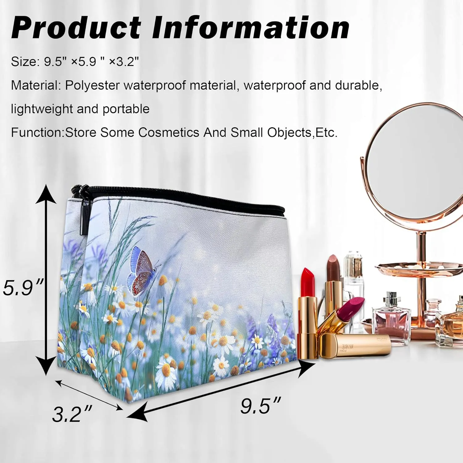 Cute Makeup Bag for Purse, Butterfly and Daisies Cosmetic Bag for Women, Travel Toiletry Funny Zipper Pouch Gift 9.5??5.9 Inch