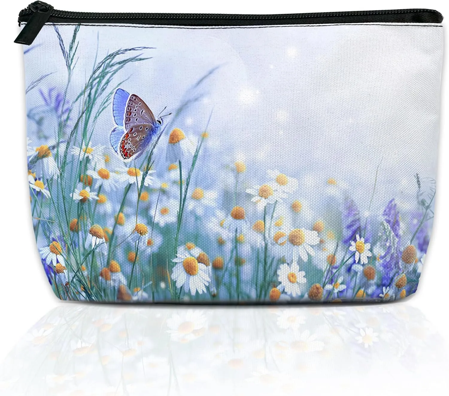 Cute Makeup Bag for Purse, Butterfly and Daisies Cosmetic Bag for Women, Travel Toiletry Funny Zipper Pouch Gift 9.5??5.9 Inch