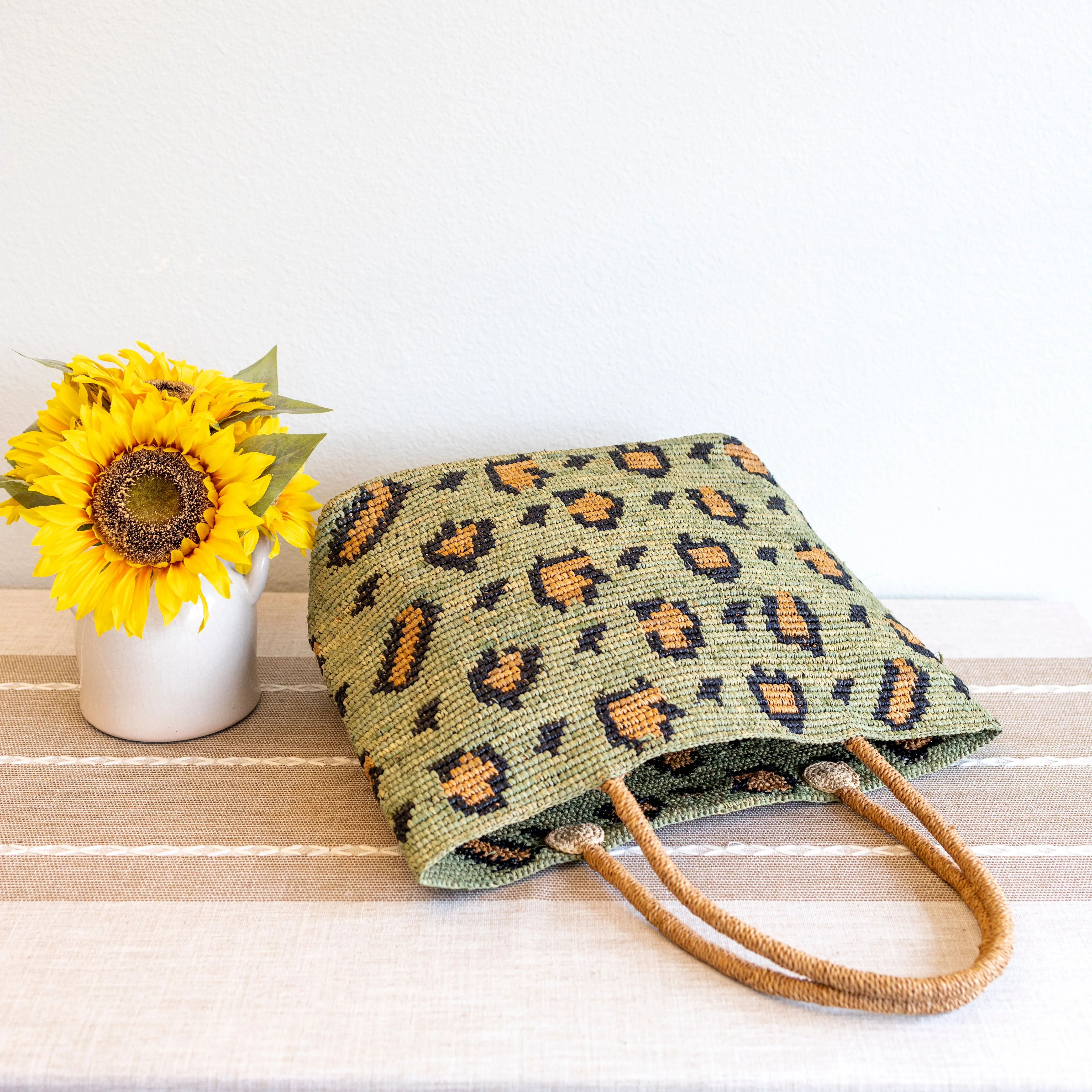 Elena Handbags Green Leopard Design Raffia Summer Tote Bag