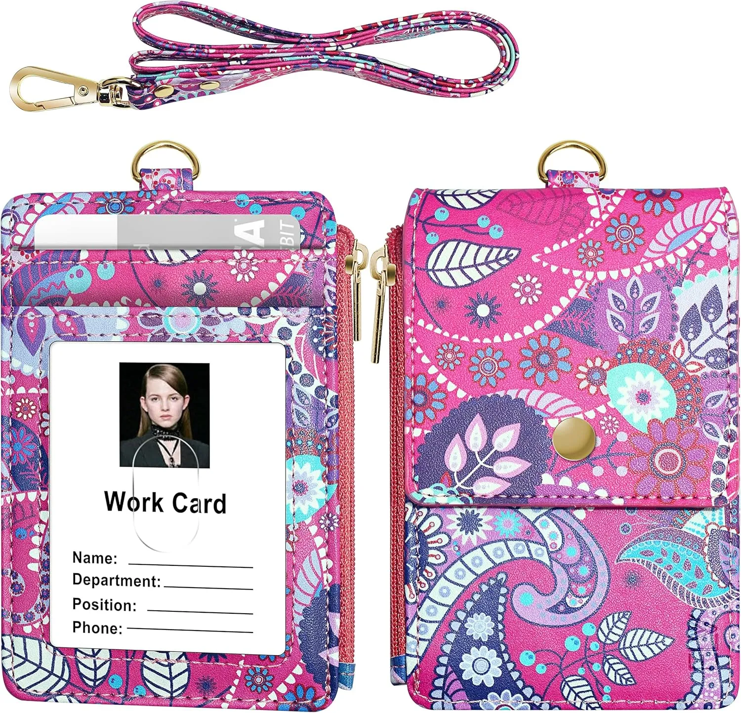 ELV Badge Holder with Zipper, ID Badge Card Holder Wallet with 5 Card Slots, 1 Side RFID Blocking Pocket and 20 inch Neck Lanyard Strap for Offices ID, School ID, Driver Licence (Hot Pink)