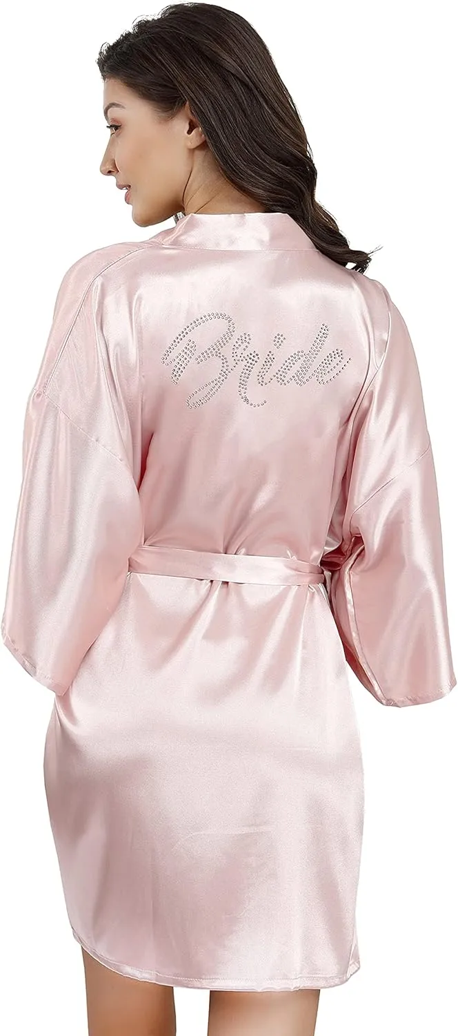 EPLAZA Women's One Size Silver Rhinestones Bride Bridesmaid Short Satin Robes for Wedding Party Getting Ready