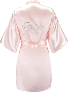 EPLAZA Women's One Size Silver Rhinestones Bride Bridesmaid Short Satin Robes for Wedding Party Getting Ready