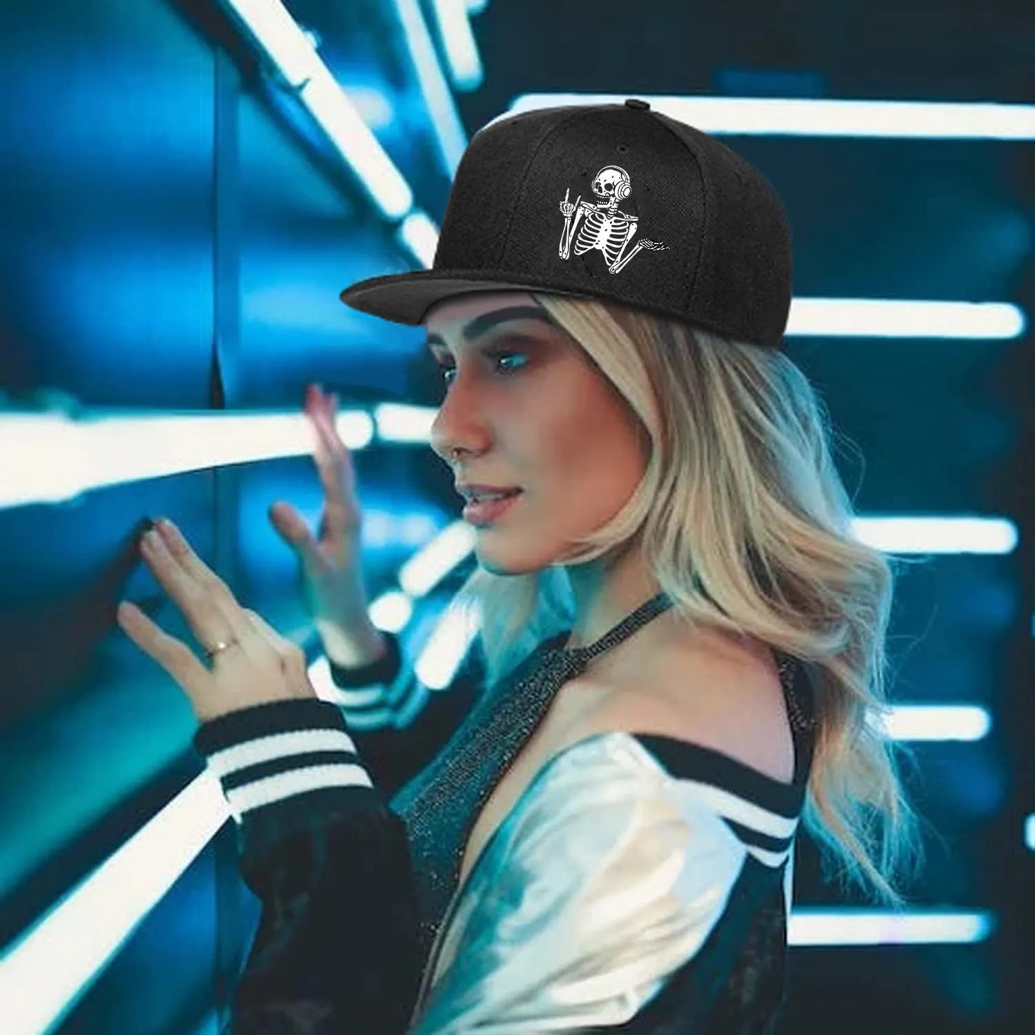 Flat Bill Hats for Men Snapback Hats Skull Skeleton Hat Flat Brim Fitted Hat Adjust Black Baseball Caps for Men