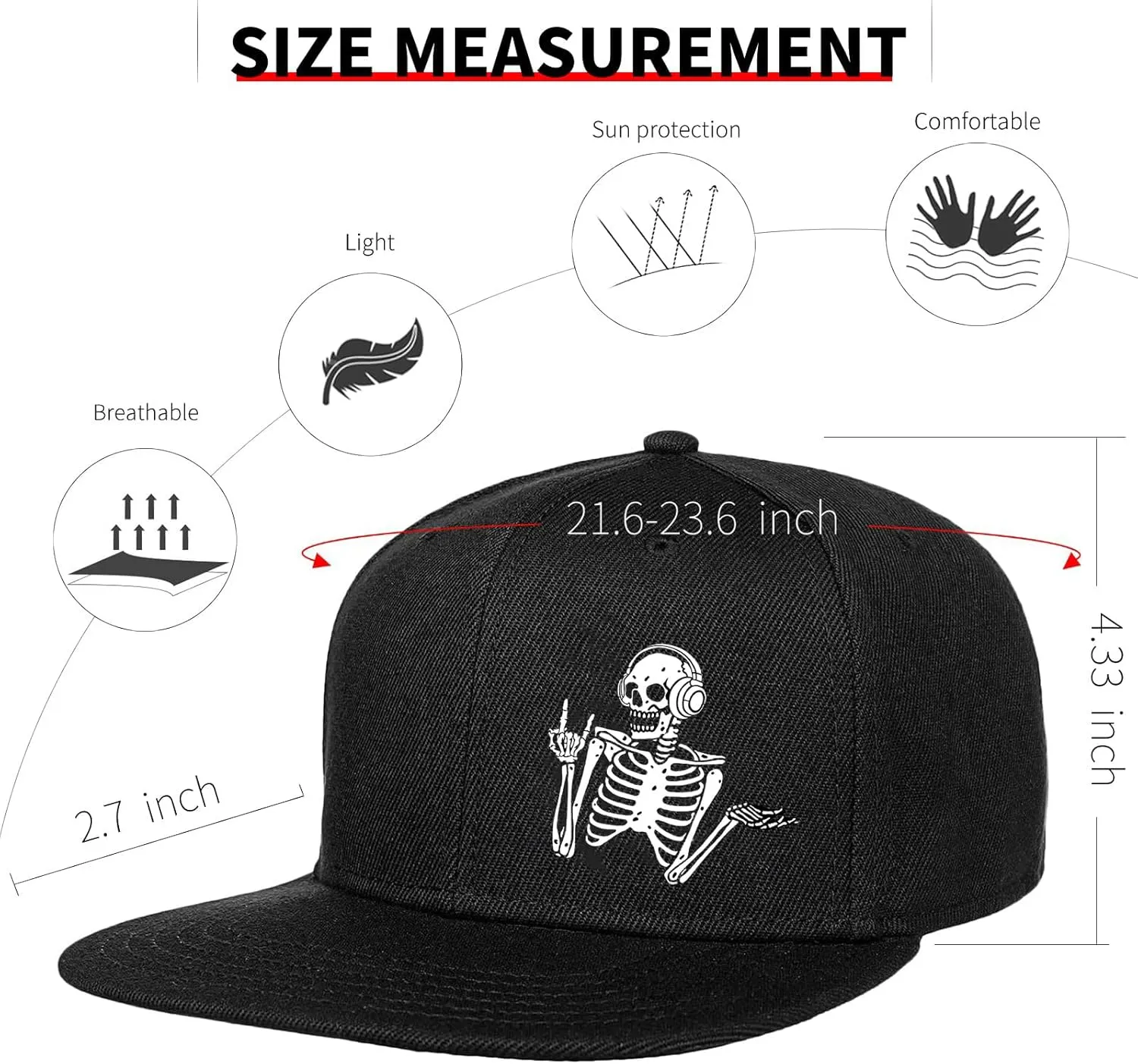 Flat Bill Hats for Men Snapback Hats Skull Skeleton Hat Flat Brim Fitted Hat Adjust Black Baseball Caps for Men