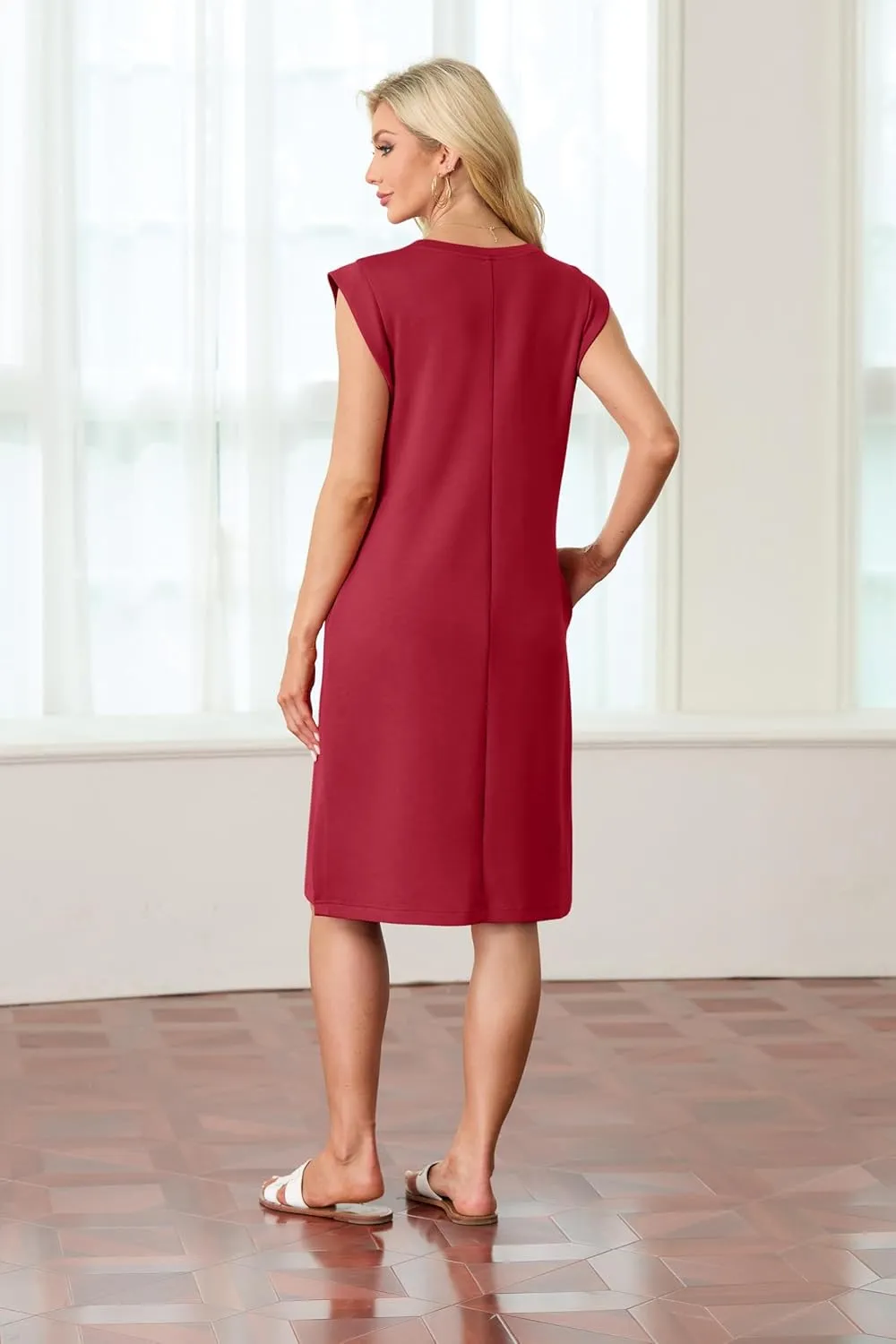 GRECERELLE 2025 Women Summer Round Neck Casual Loose Split Wrinkle-Free Midi Dress with Pockets (XS-3XL)