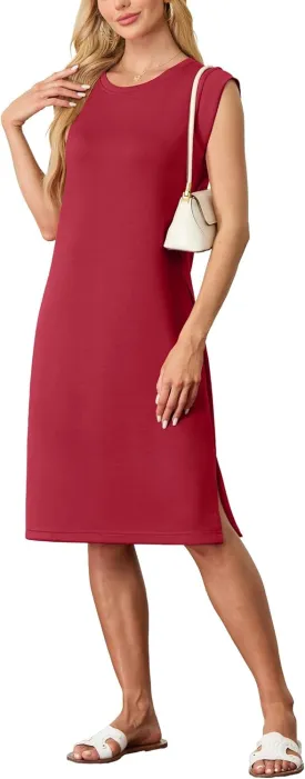 GRECERELLE 2025 Women Summer Round Neck Casual Loose Split Wrinkle-Free Midi Dress with Pockets (XS-3XL)