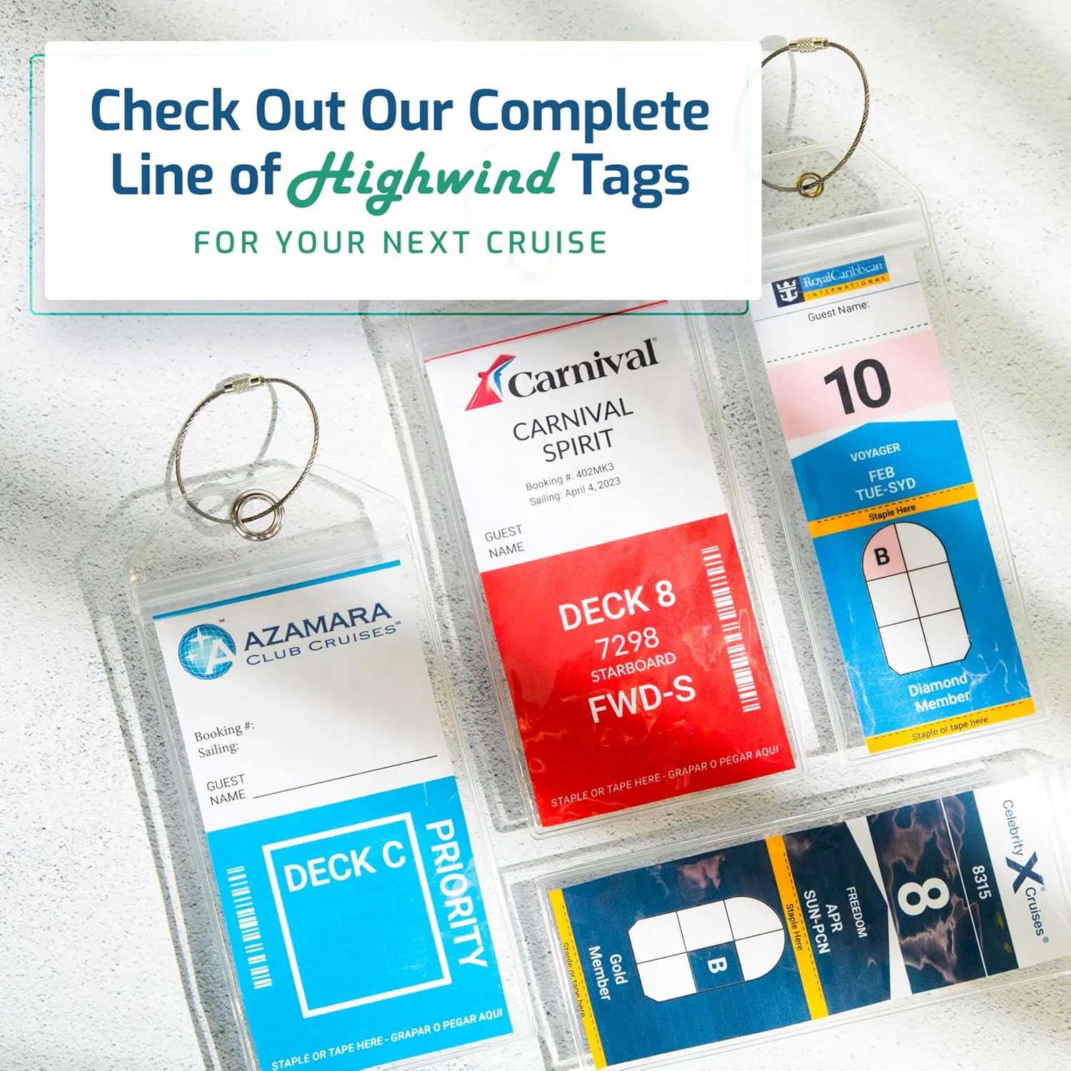 Highwind 8 Pack Luggage Tags for Suitcases   4 ID - Waterproof Cruise Essentials with Steel Loops - 2.5 x 7.25 Inch Durable Travel Tags for Quick ID - Fits Royal Caribbean, Carnival - Narrow