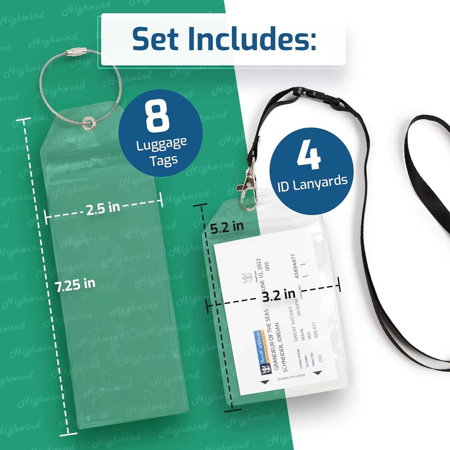 Highwind 8 Pack Luggage Tags for Suitcases   4 ID - Waterproof Cruise Essentials with Steel Loops - 2.5 x 7.25 Inch Durable Travel Tags for Quick ID - Fits Royal Caribbean, Carnival - Narrow