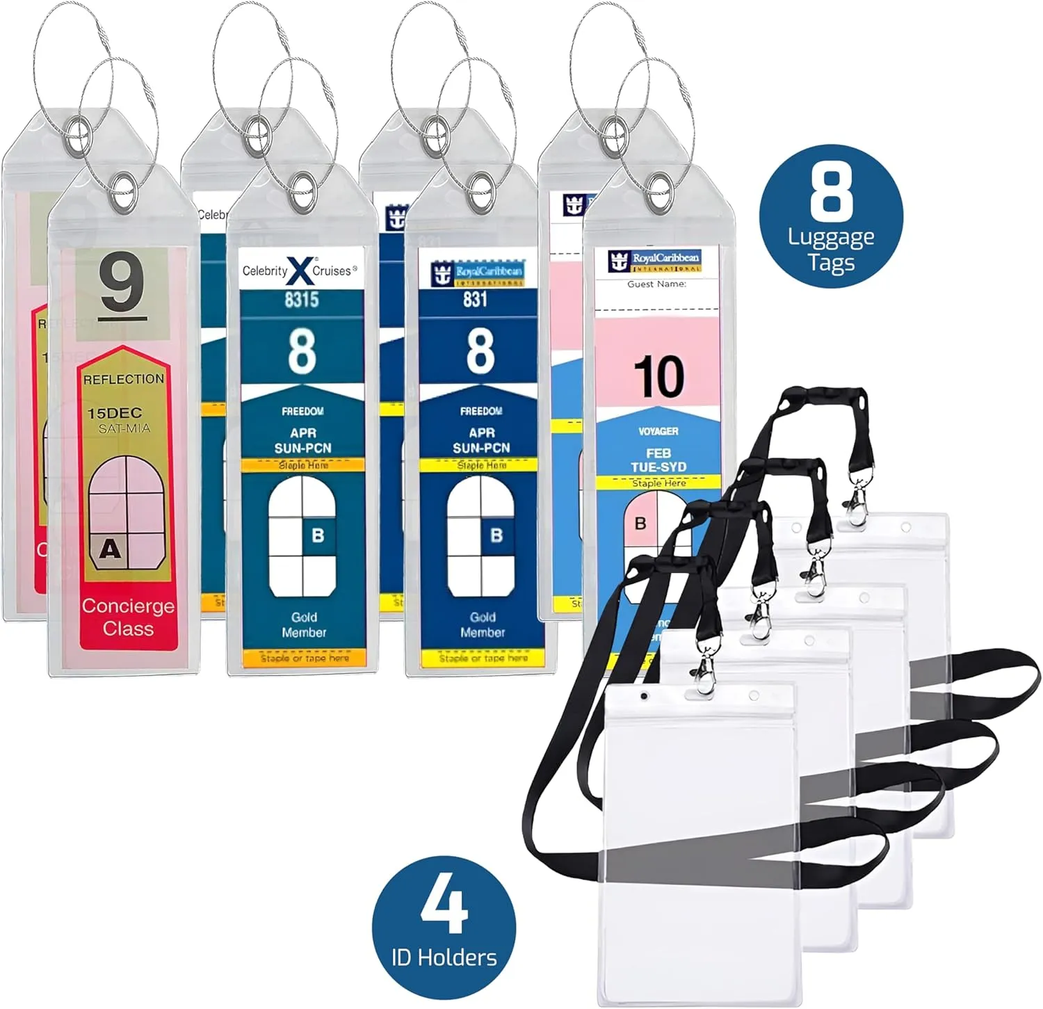 Highwind 8 Pack Luggage Tags for Suitcases   4 ID - Waterproof Cruise Essentials with Steel Loops - 2.5 x 7.25 Inch Durable Travel Tags for Quick ID - Fits Royal Caribbean, Carnival - Narrow