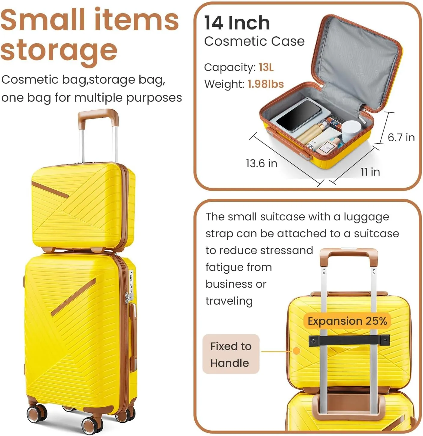 Luggage Sets 4 Piece, Hard Shell Lightweight Carry on Expandable Suitcase with Spinner Wheels Travel Set TSA Lock (#08 Yellow brown)