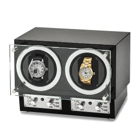 Luxury Giftware Engravable High Gloss Carbon Fiber Finish Glass Door Dual Watch Winder.