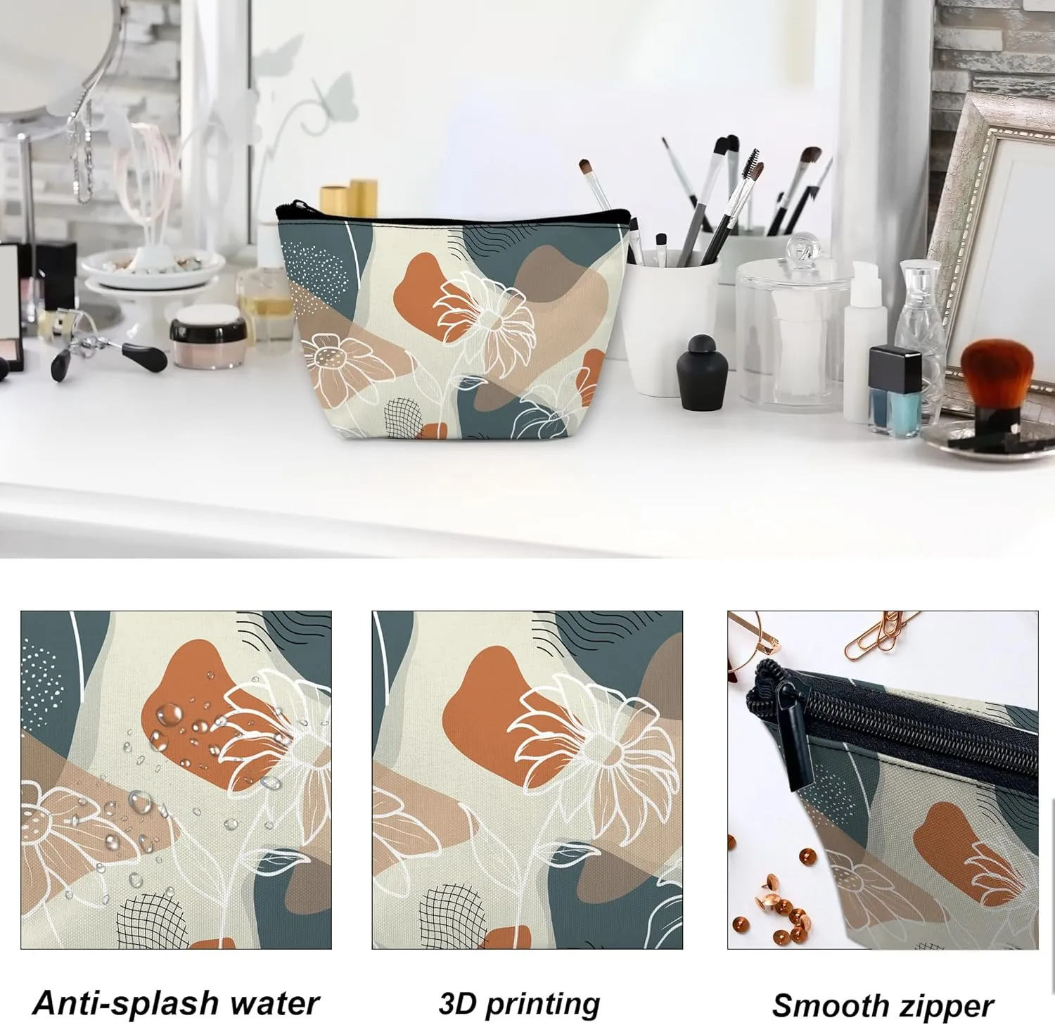 Makeup Bag Abstract Flowers and Leaves Cosmetic Bag for Women, Travel Small Bag for Purse, Pouch for Toiletries Water Resistant Gift 9.5??5.9 Inch