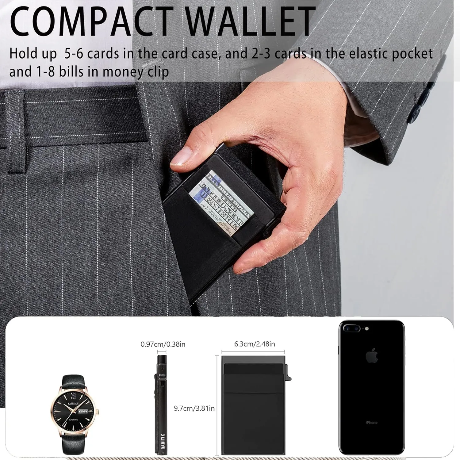 Minimalist Carbon Fiber Wallet for Men, Money Clip Cash Strap Wallet, RFID Blocking Metal Wallet Aluminum Card Holder,Front Pocket Wallet