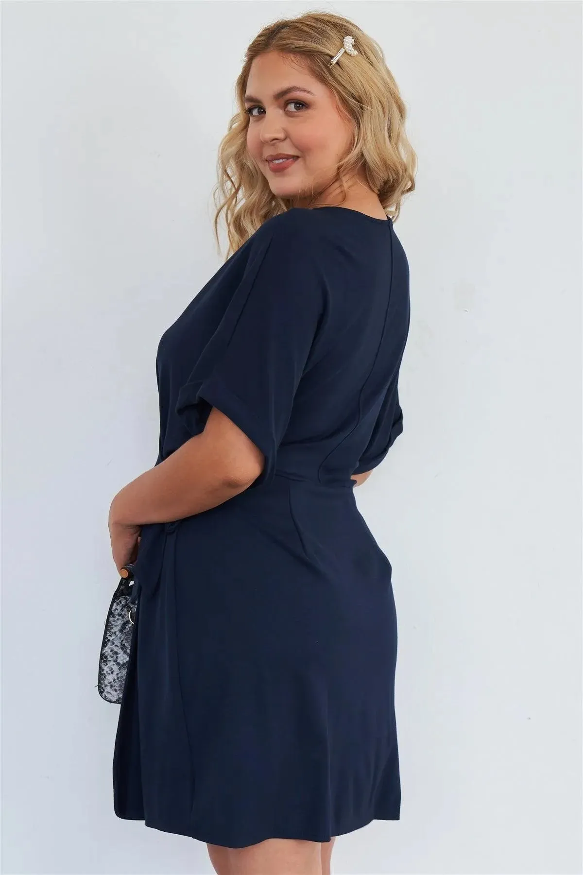 Navy Soft Comfortable Short Sleeve Stretchy Casual Wrap Dress /2-2-1-1
