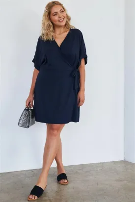 Navy Soft Comfortable Short Sleeve Stretchy Casual Wrap Dress /2-2-1-1