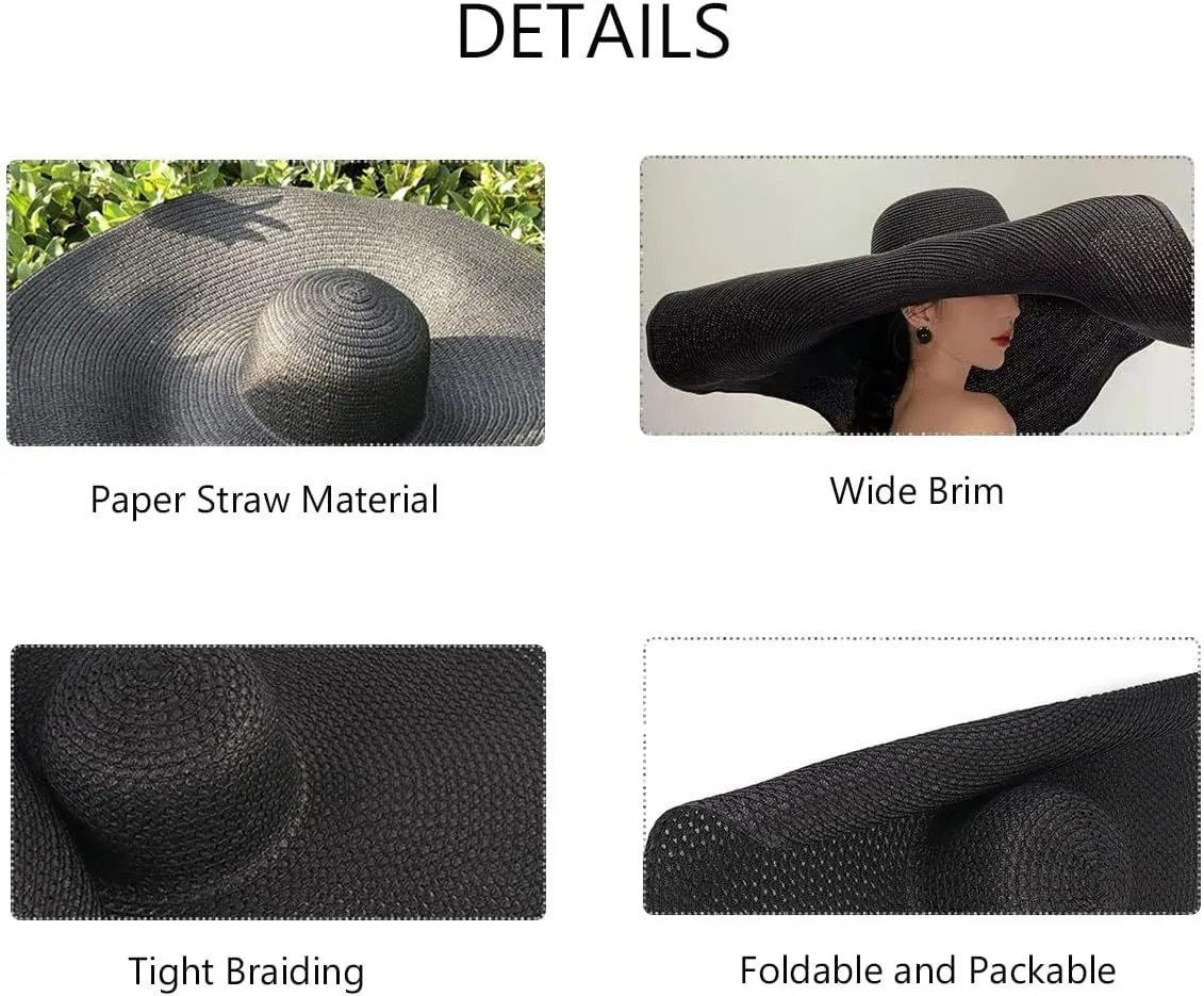Oversized Beach Sun Hat for Women, Foldable Fashion Floppy Roll Up Visor Hats, Large Wide Brim Straw Hats