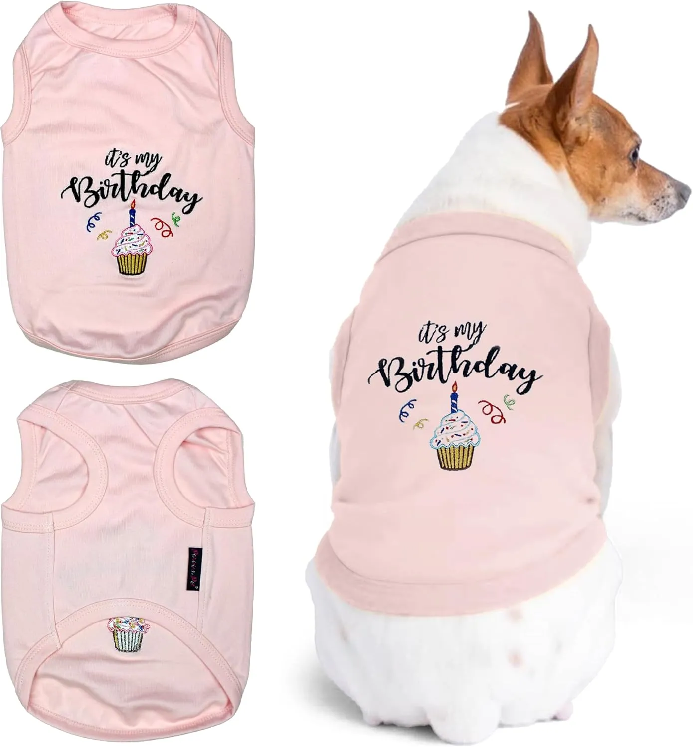 Parisian Pet Dog T-Shirt with Embroidered 'Its My Birthday' Words - Dog Birthday Clothes - Sleeveless, Lightweight Pet Vest - Pink Washable Shirt for Large Dogs