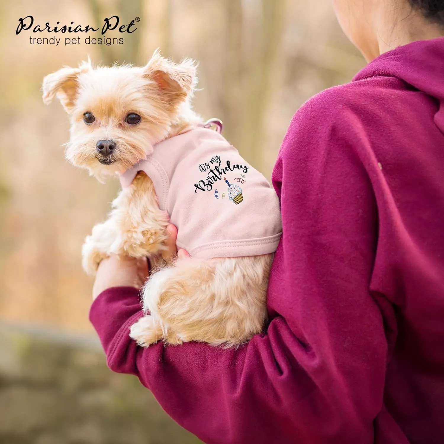 Parisian Pet Dog T-Shirt with Embroidered 'Its My Birthday' Words - Dog Birthday Clothes - Sleeveless, Lightweight Pet Vest - Pink Washable Shirt for Large Dogs
