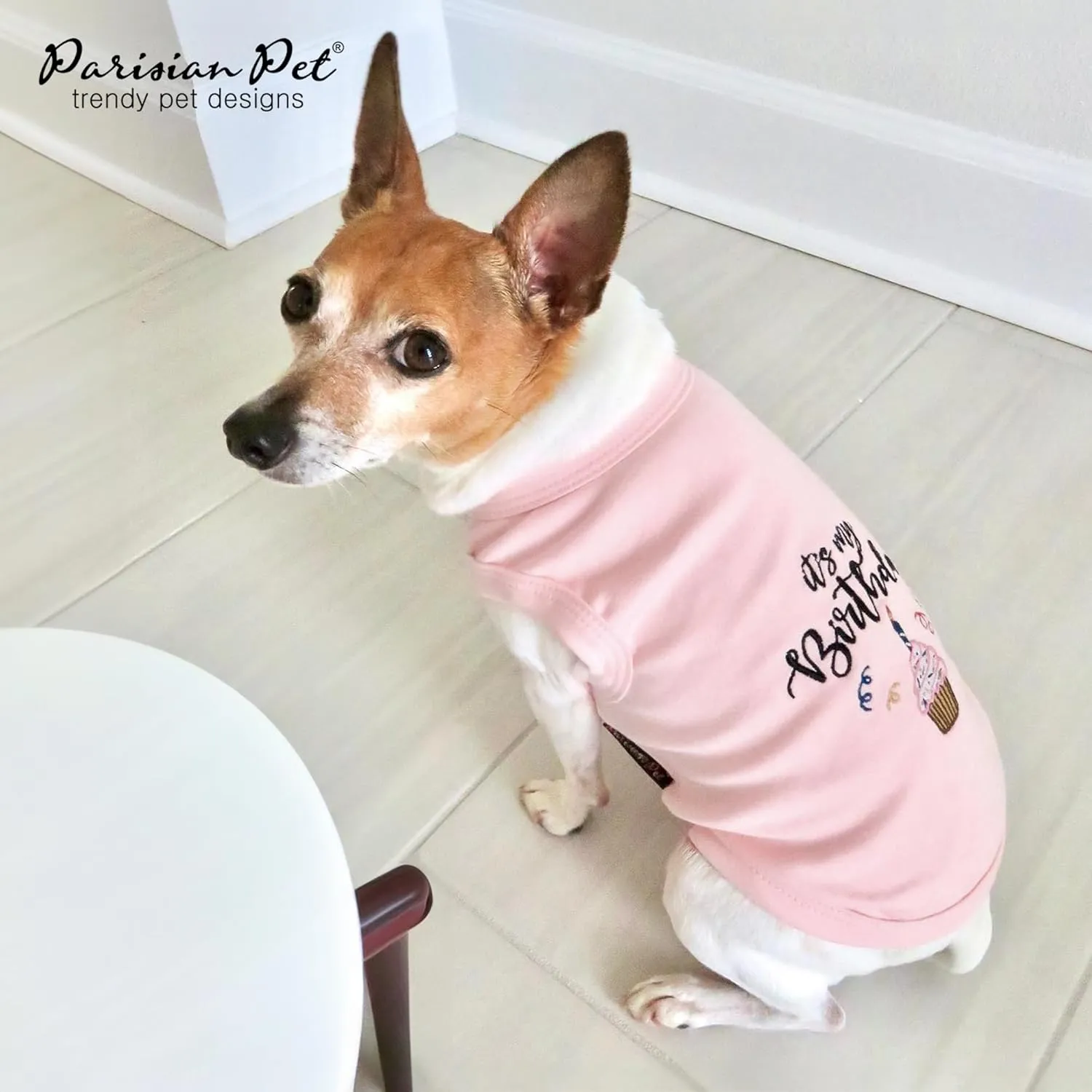 Parisian Pet Dog T-Shirt with Embroidered 'Its My Birthday' Words - Dog Birthday Clothes - Sleeveless, Lightweight Pet Vest - Pink Washable Shirt for Large Dogs