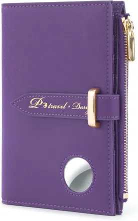 Passport Holder for Women, RFID Blocking Travel Passport Case Compatible Airtag with Credit Card Holders, Bifold Air Tag Wallets for Ladies, Slim Thin Leather Passport Wallet with Zipper Pocket